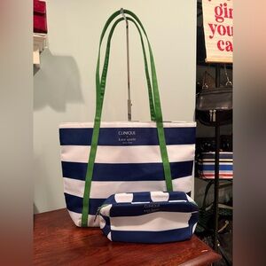 Kate Spade x Clinique Blue and White Striped Tote Bag with makeup pouch